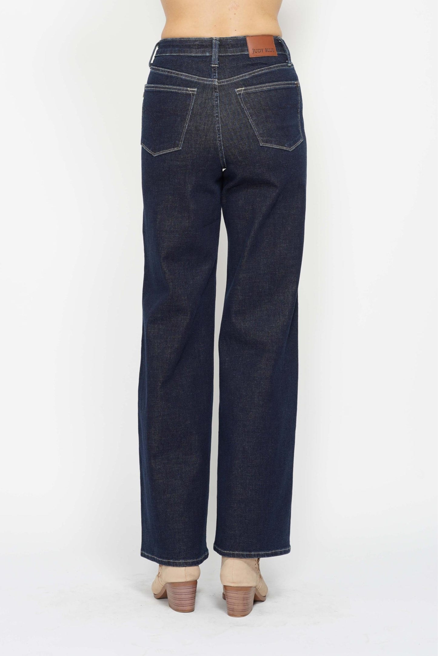 Back view of vintage style high waist jeans from Judy Blue, featuring a classic fit and dark wash