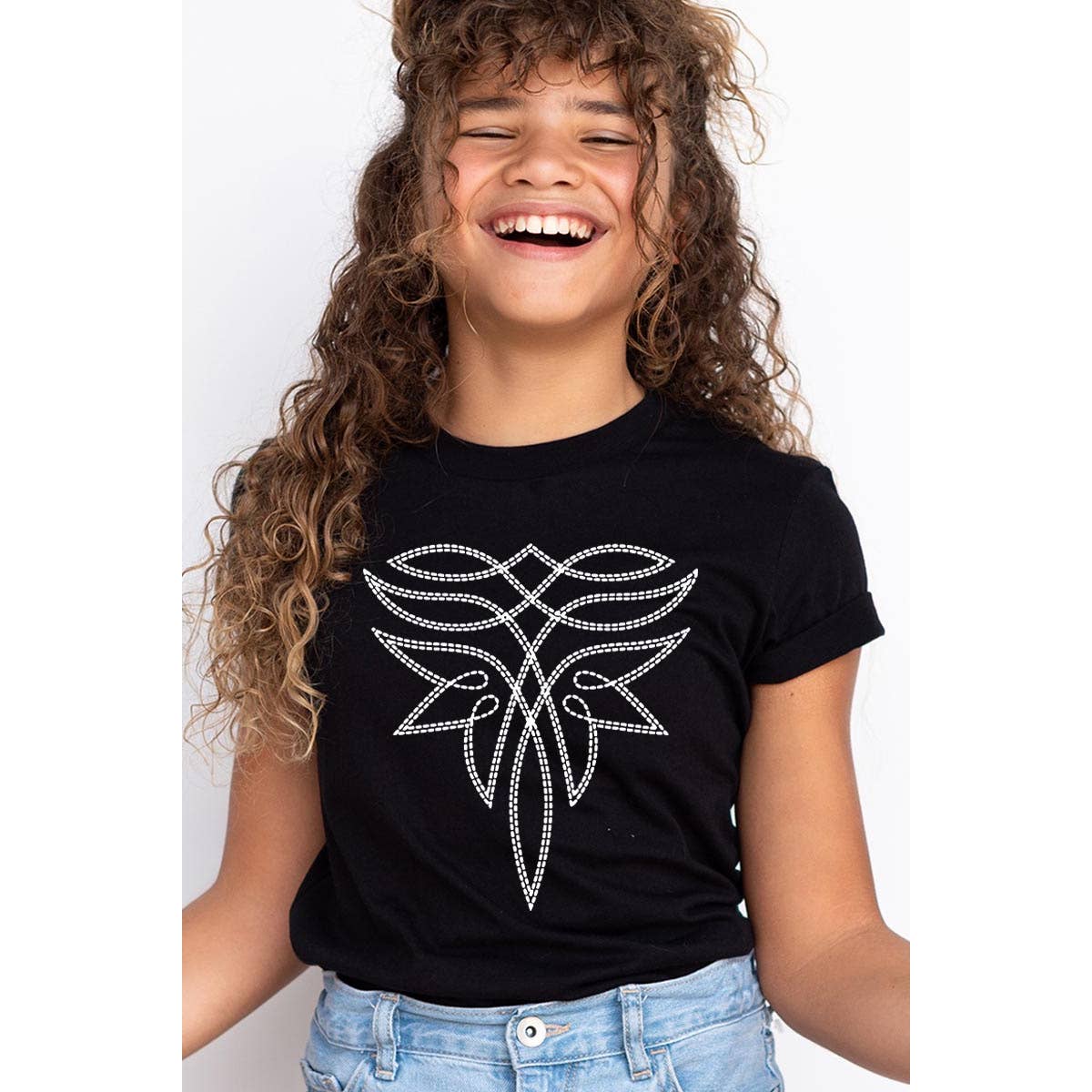 Western Boot Stitch Kids Graphic T Shirt in BLACK with playful design perfect for fun outings
