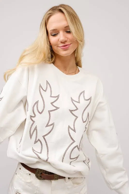 Blue B Western Boot Stitch Pullover Sweatshirt in white with stylish embroidered design