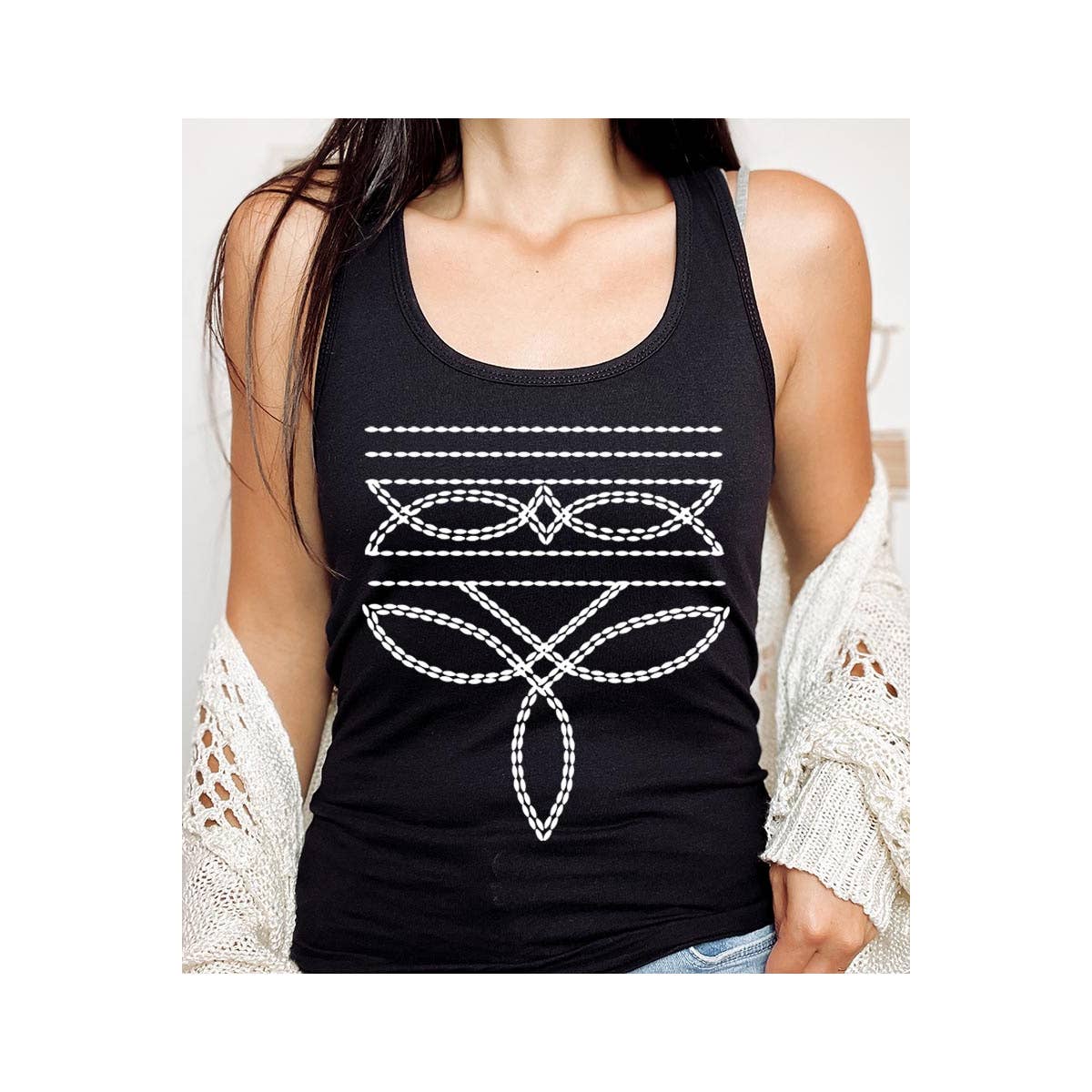 COLORBEAR Western boot stitch racerback tank top in black with stylish stitch design for casual wear