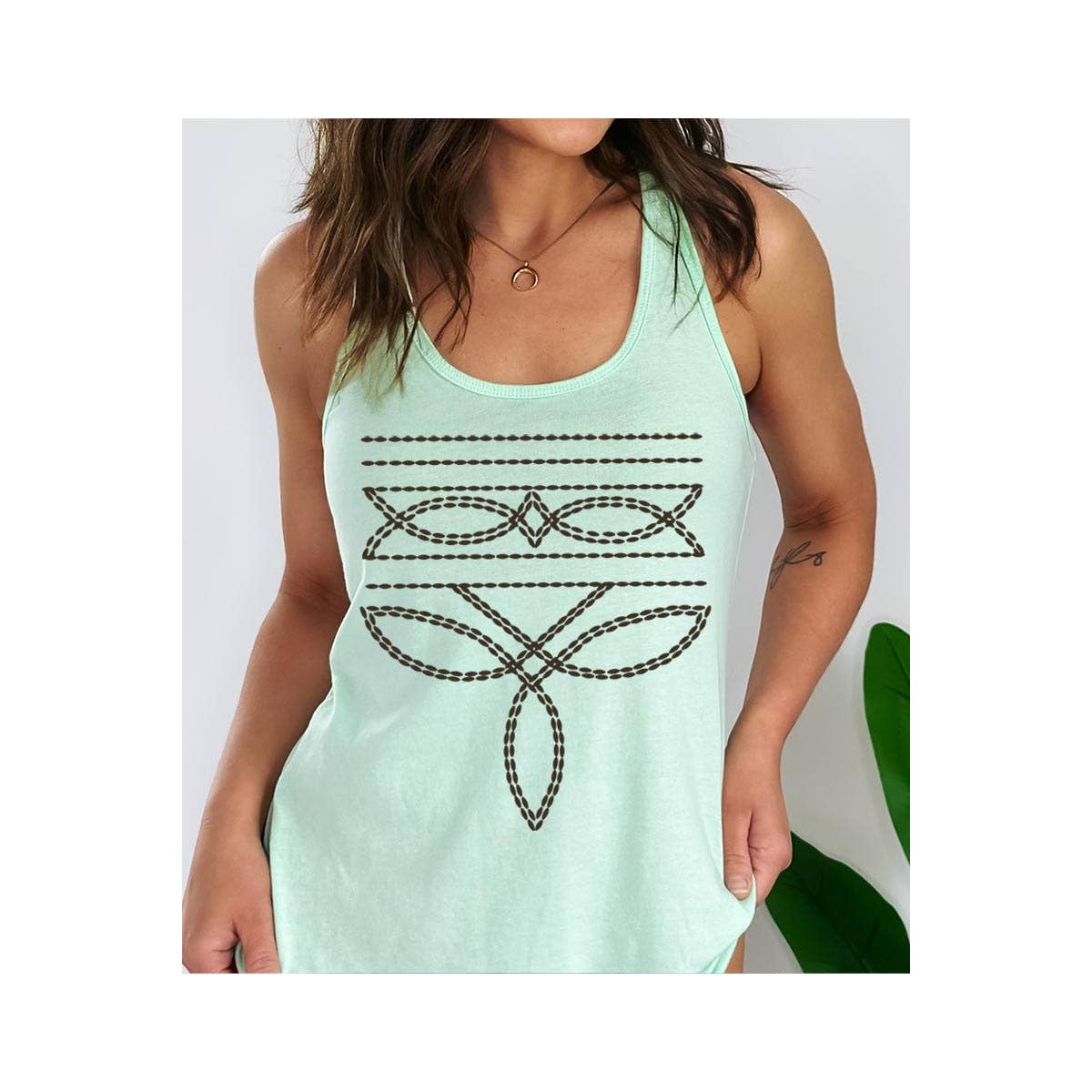 COLORBEAR Western boot stitch racerback tank top in mint green with stylish tribal graphic design