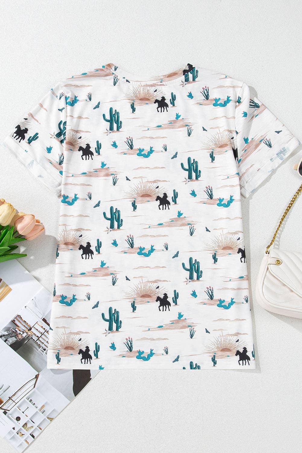 Back view of Western cactus top for women with colorful cactus and desert designs