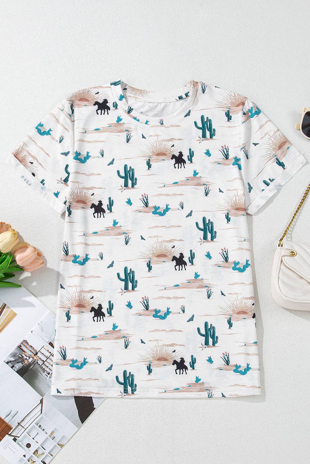 Western cactus top for women featuring a colorful desert print with cacti and horses
