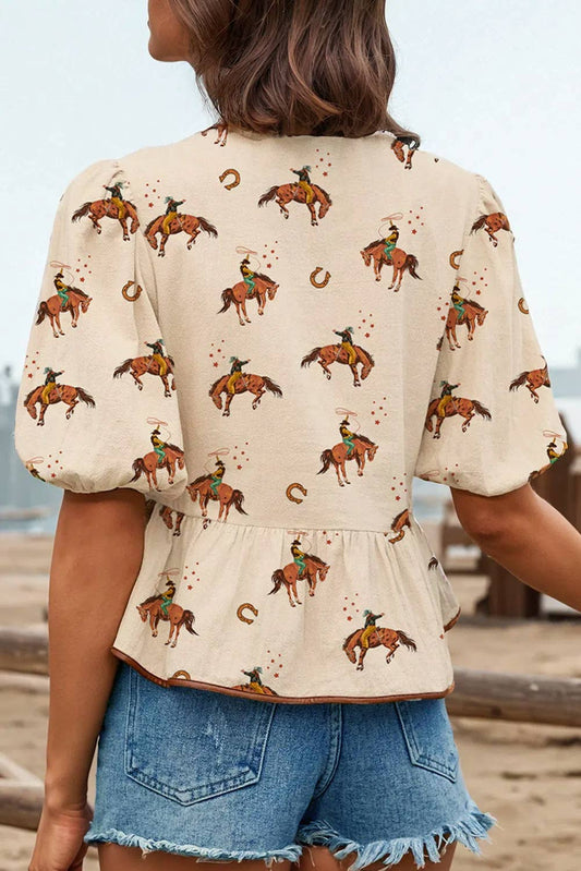 Fashionworks Western cowboy print blouse featuring horse and rider design on a light background