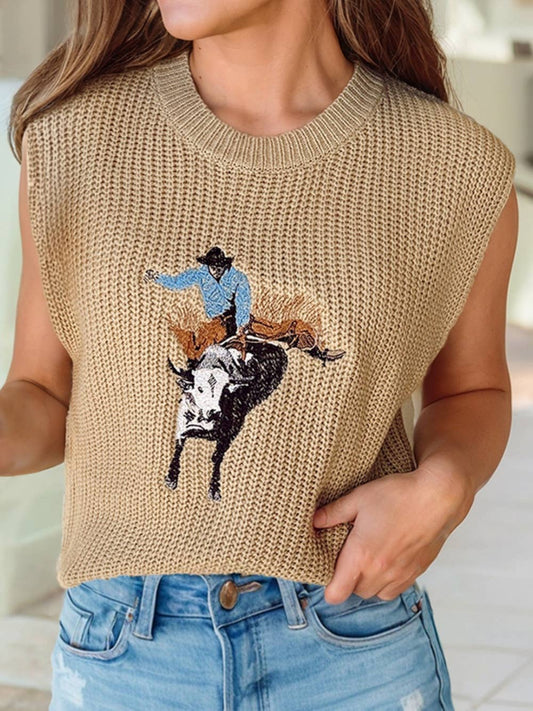 Western cowboy sleeveless sweater featuring embroidered rodeo design for trendy casual wear
