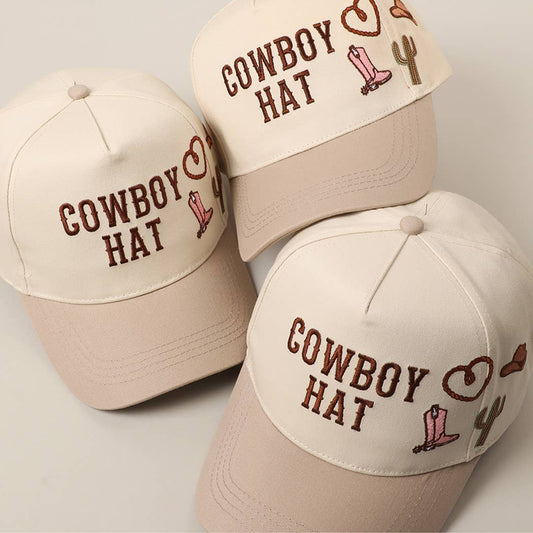Fashion City Western style trucker hat featuring embroidered cowboy designs and a cream color