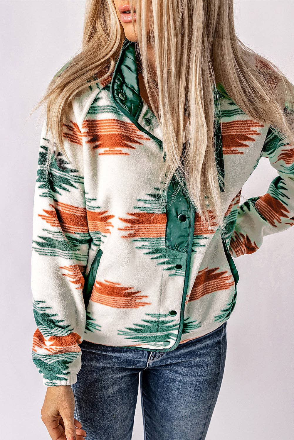 Stylish Women's Aztec Jacket in Cream with Vibrant Green and Orange Patterns for a Trendy Look