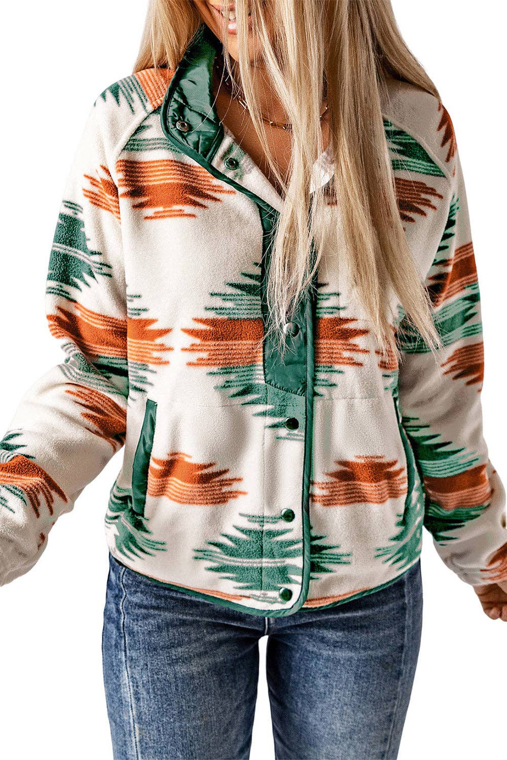 Women's Aztec Jacket in cream with green and orange patterns, perfect for stylish layering