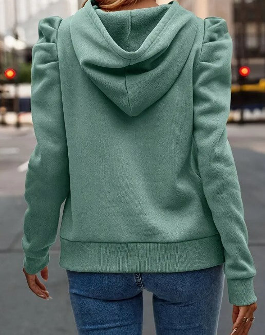 Women's Puff Sleeve Hoodie Sage featuring stylish puff sleeves and a cozy design for casual wear