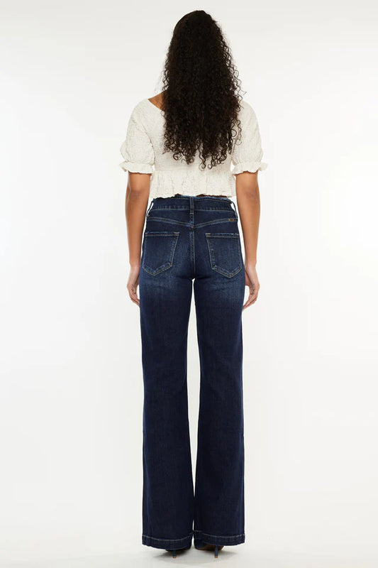Women's ranch style jeans by KanCan in dark wash with a high-waisted fit and flared legs
