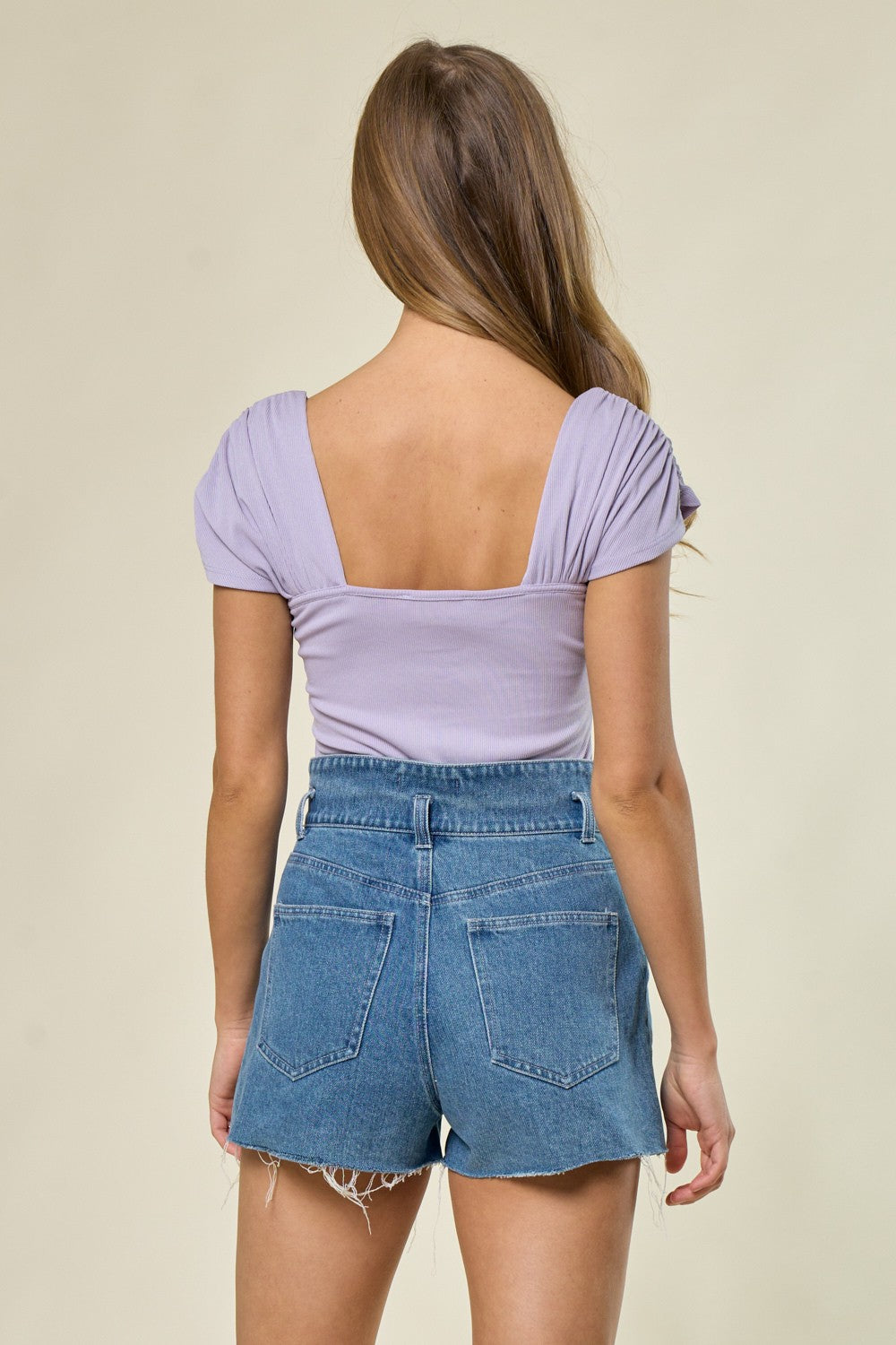 Lavender Ribbed Knit Bodysuit With Ruched Sleeve