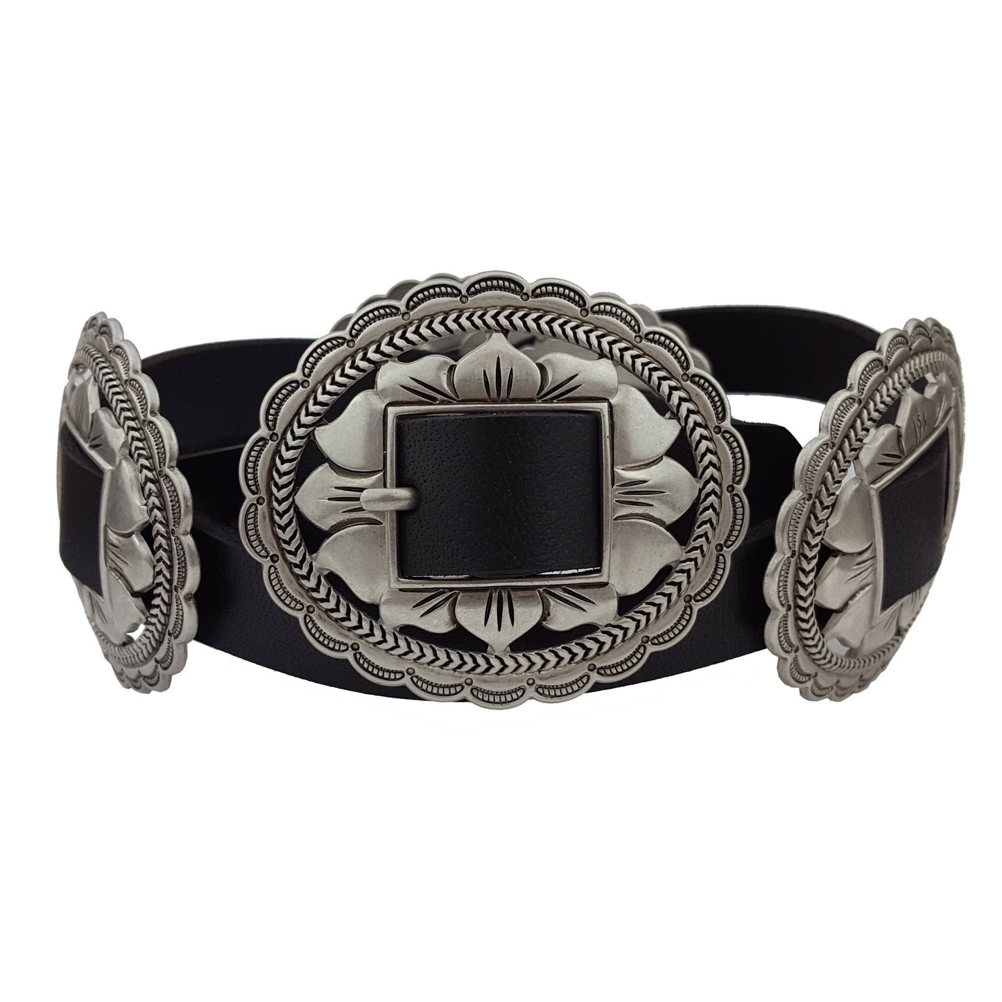 The Lainey High Rise Super Flare belt with intricate silver buckle design for stylish outfits