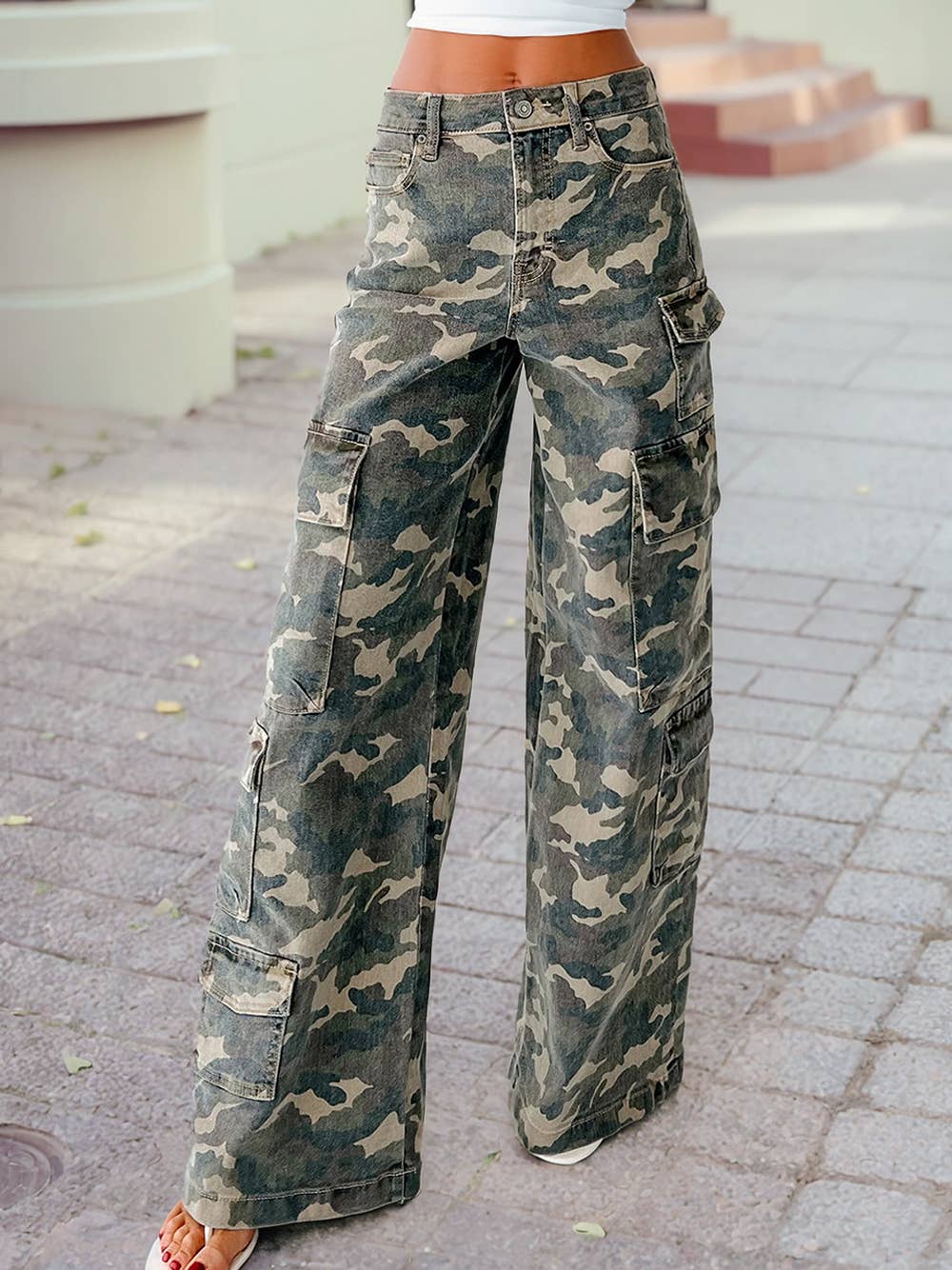 2025 Fall Camo Denim Cargo Wide Leg Pants: Green / 4
