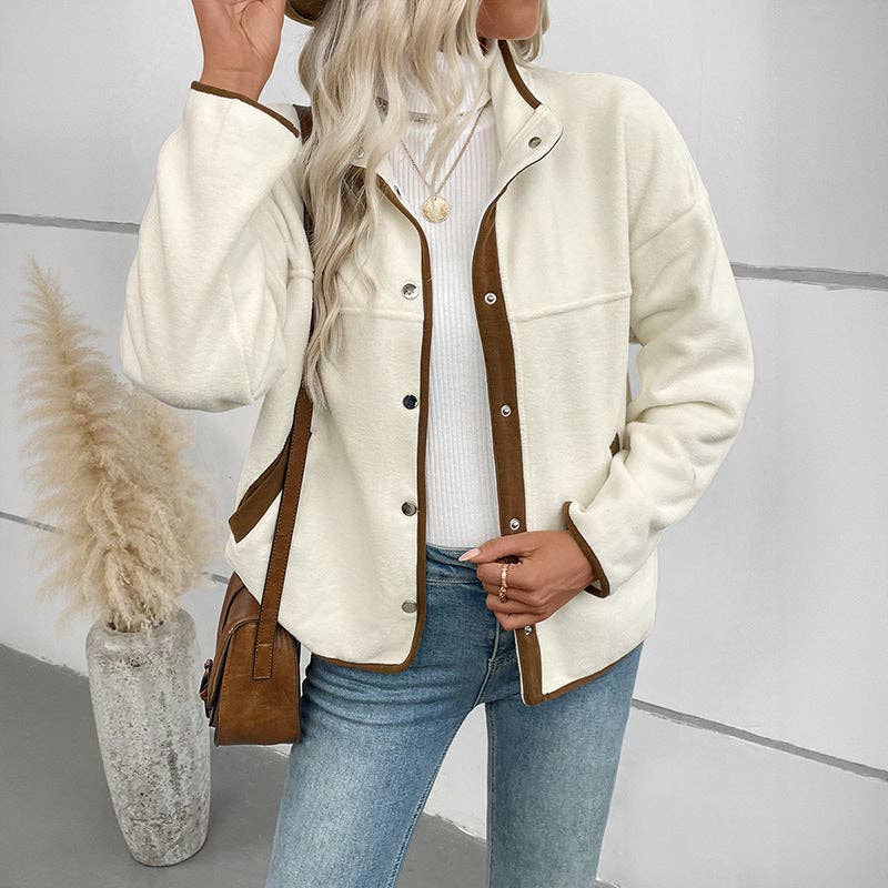 Contrast Trim Fleece Jacket Women Stand Collar Short Coat