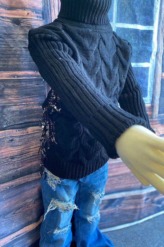 Black Fringe Girls Knit Sweater