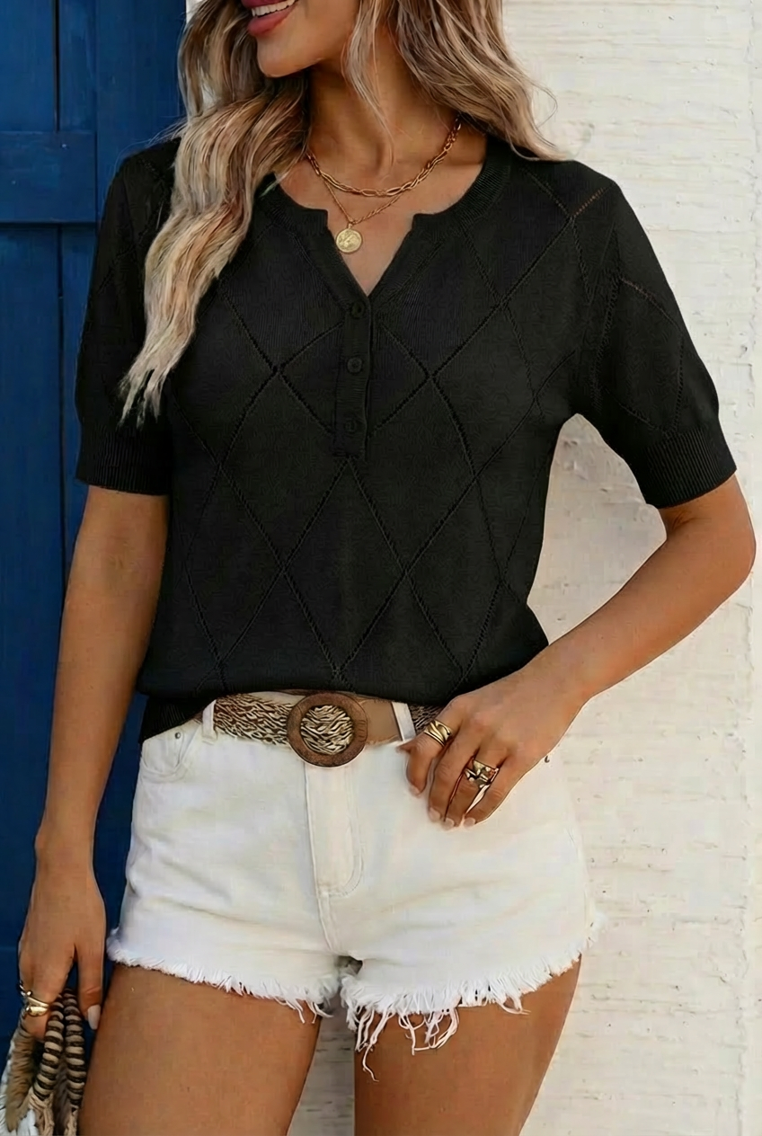 Knit Henley Short Sleeve Sweater Top
