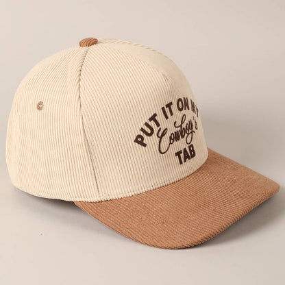Put It On My Cowboy's Tab Two-Tone Corduroy Cap: Black/ Beige ONE SIZE