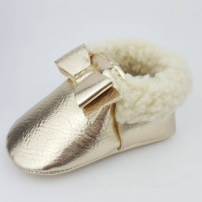 Metallic Bow Tie Pink Baby Moccasins