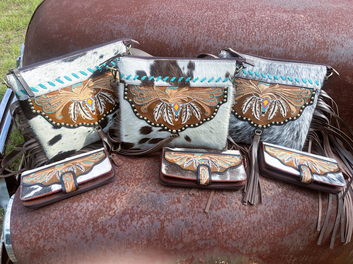 Cowhide Hand Painted Scull Tooled Leather Fringe Purse