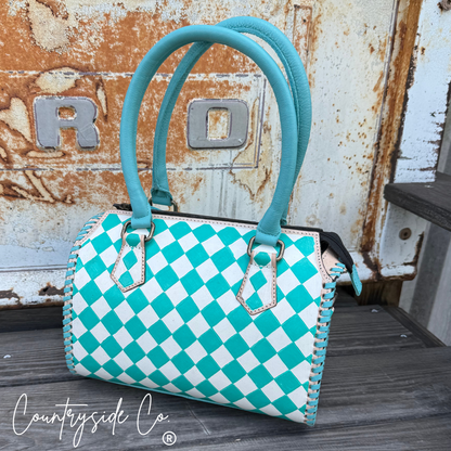 Teal Checkered Speedy Bag