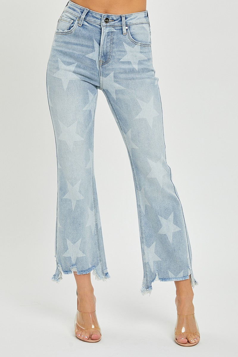 HIGH RISE STAR PRINTED STRAIGHT JEANS