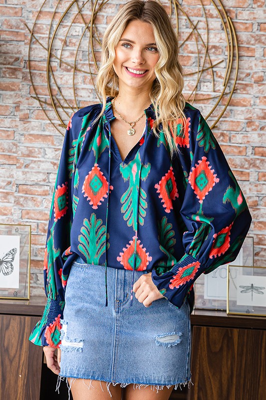 Abstract Smocked Cuff Blouse