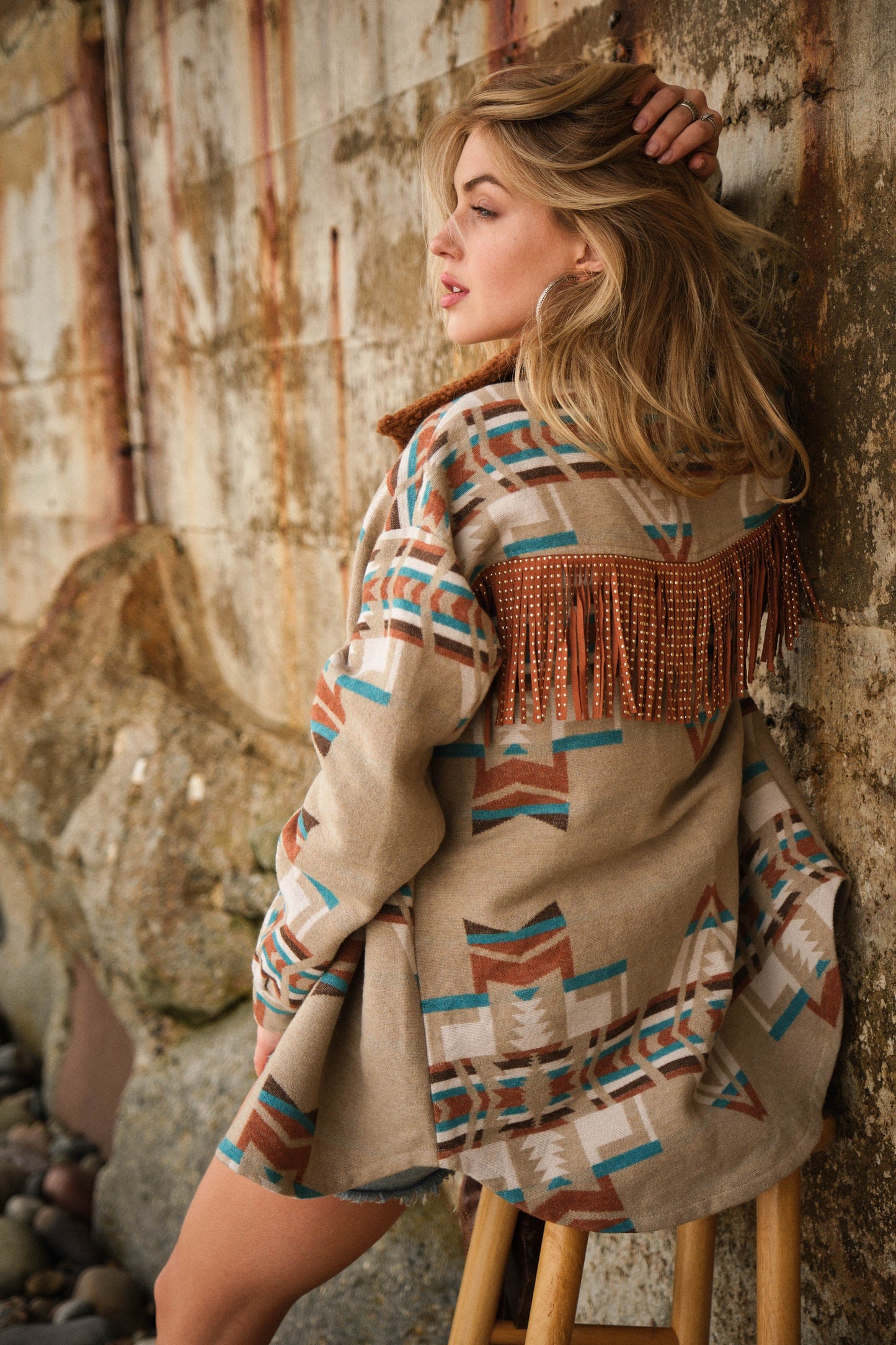 Exclusive Fringed Aztec Sherpa Collared Shacket