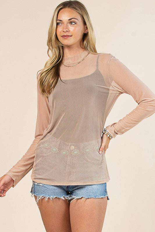 Solid Long Sleeve Mesh Top