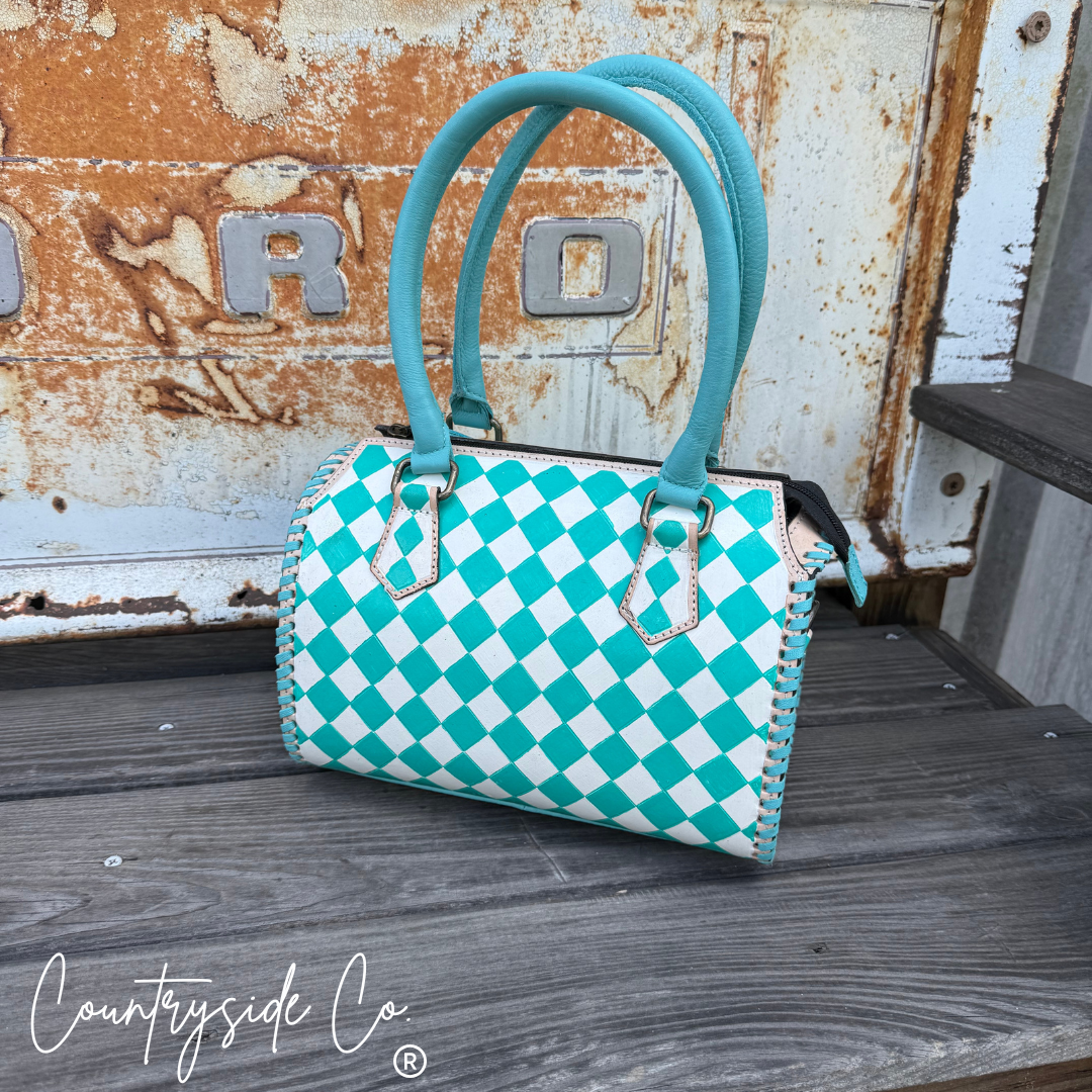 Teal Checkered Speedy Bag