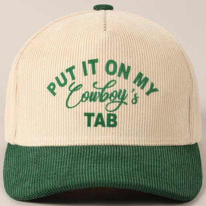 Put It On My Cowboy's Tab Two-Tone Corduroy Cap: Black/ Beige ONE SIZE