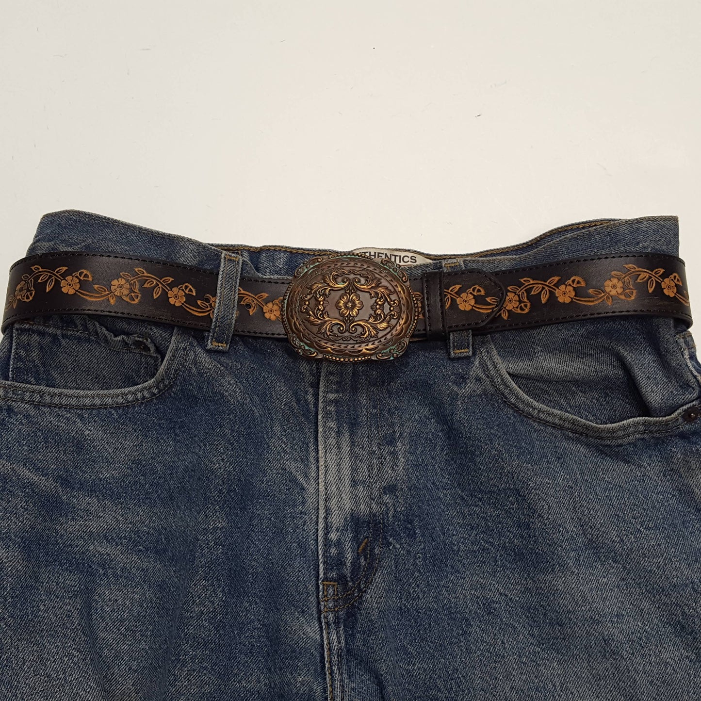Western Brass/Patina Buckle with Vintage floral tooled belt: M / Black
