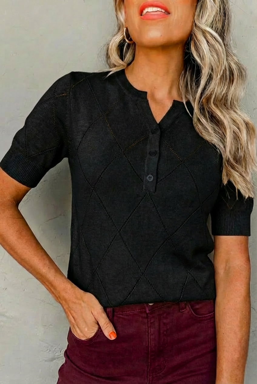 Knit Henley Short Sleeve Sweater Top
