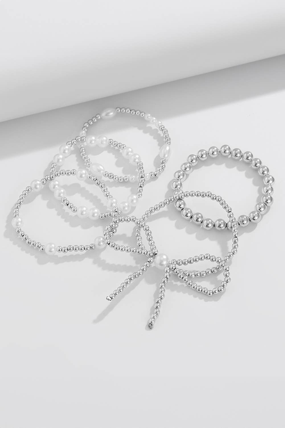 Silver Bow Knot Pearl Beaded Bracelet Set