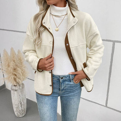 Contrast Trim Fleece Jacket Women Stand Collar Short Coat