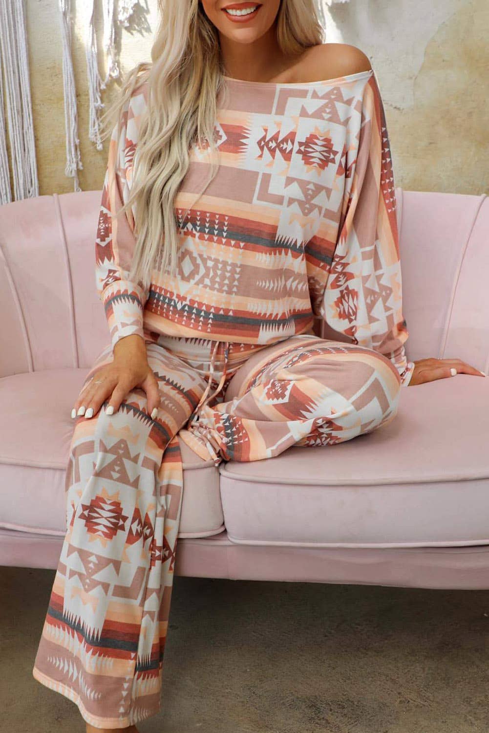 Diamond Print Loungewear Casual Two-Piece Set