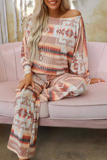 Diamond Print Loungewear Casual Two-Piece Set