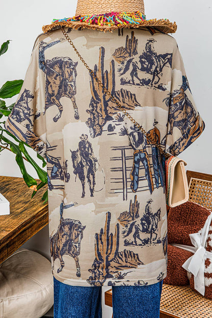 Western Cowboy Print Cuffed Sleeve T Shirt