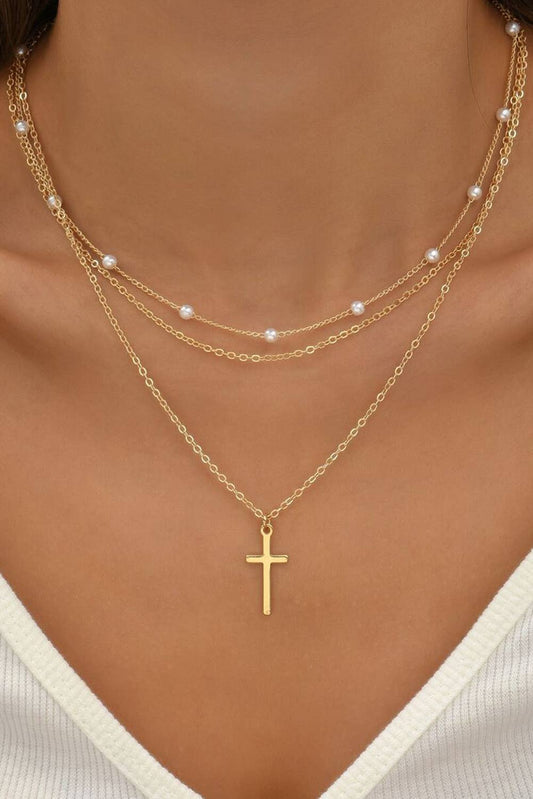 Plated Cross Pendant Pearl Triple Layer Chain Necklace