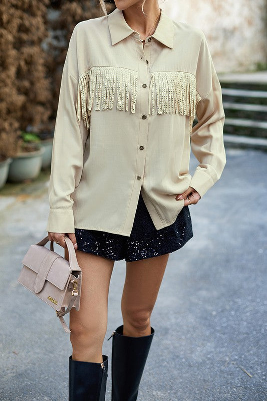 Solid Button Front Open Tassel Fit Blouse
