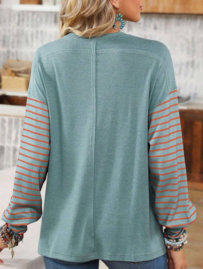 Round-Neck Striped Contrasting Long-Sleeved Top