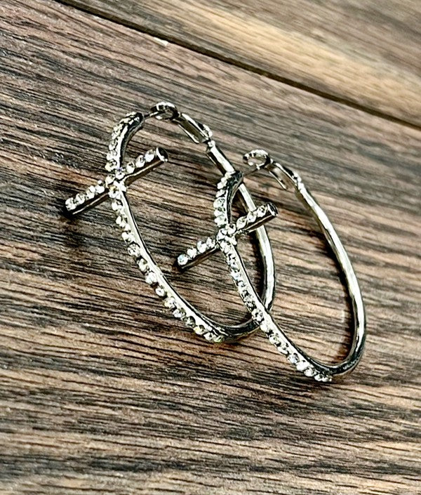 Crystal Laid Cross Hoop Earrings