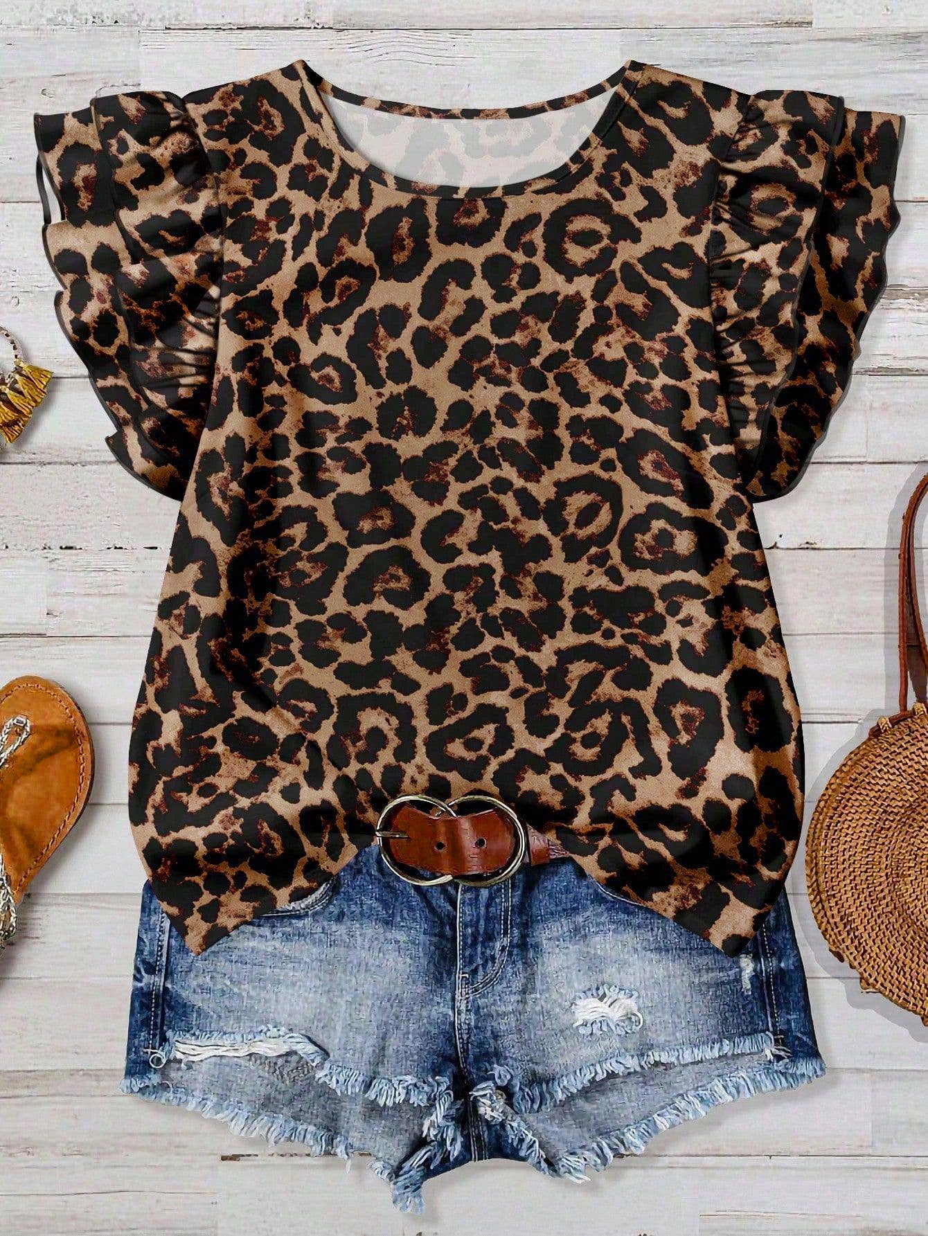 Ruffled Sleeve Leopard Print Top