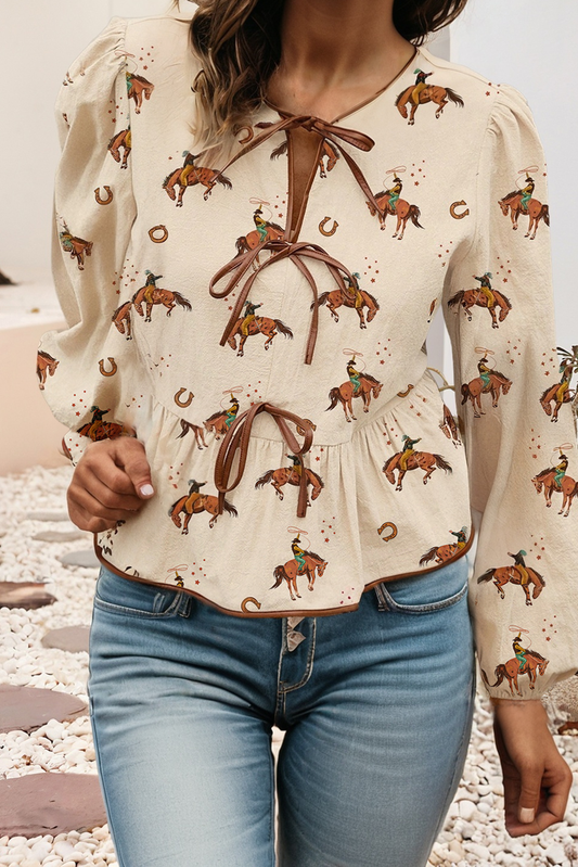Western Print Tied Front Puff Sleeve Top