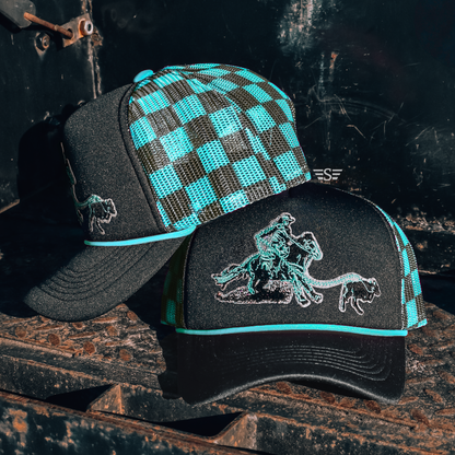 Breakaway Roper Printed Mesh Trucker Cap: Black Turquoise Check