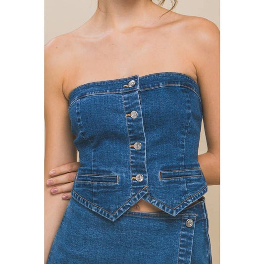 Denim Strapless Button-Up Crop Top (Large)