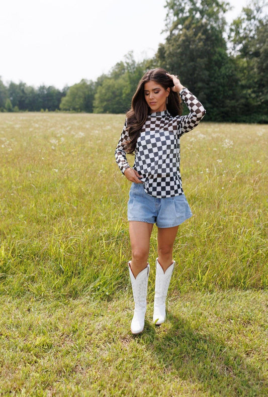 Kids Black Checkerboard Mesh Top