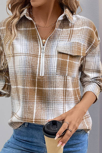 ZIPPER LAPEL PLAID LOOSE SHIRT TOP