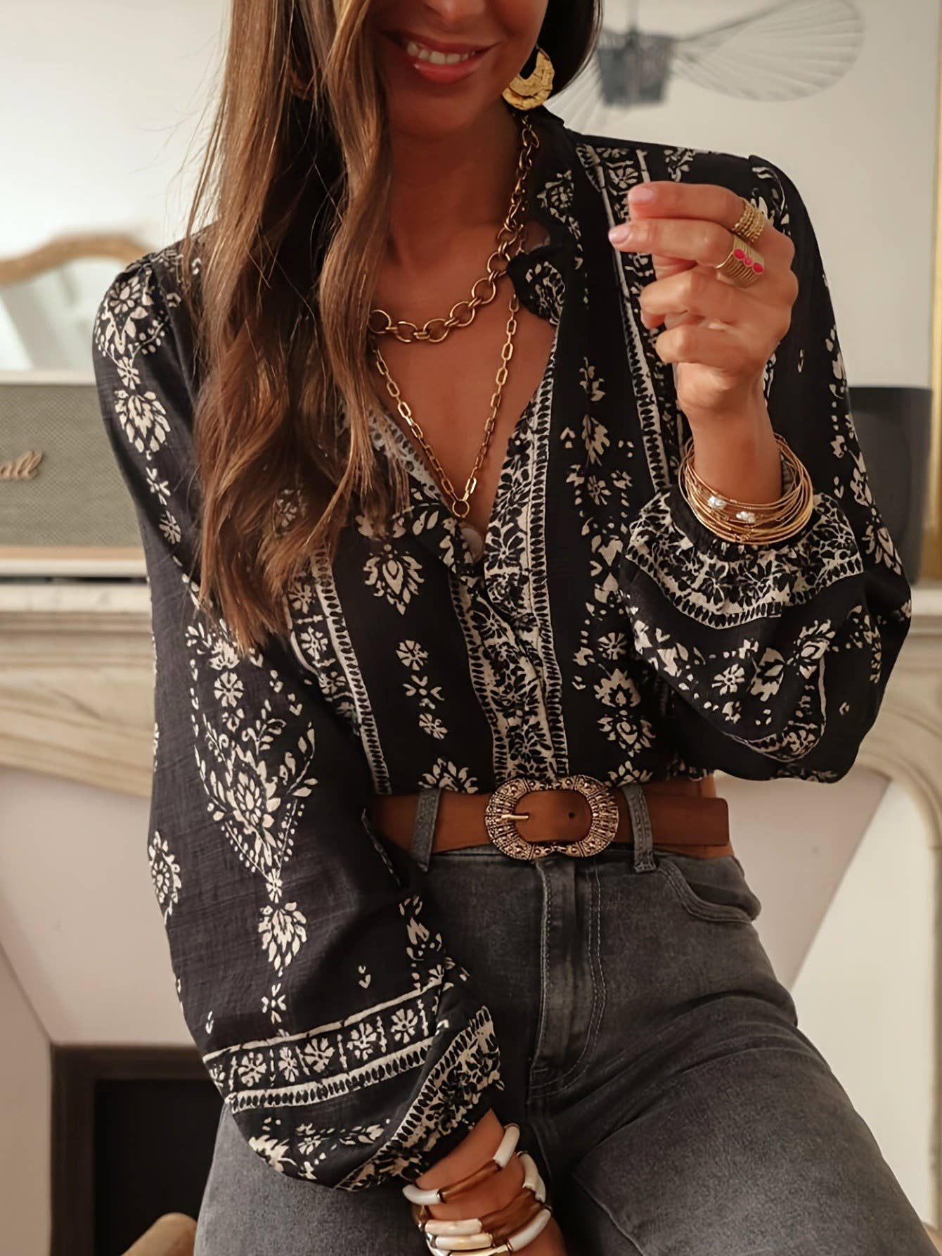 Retro Bohemian Floral Print Blouse