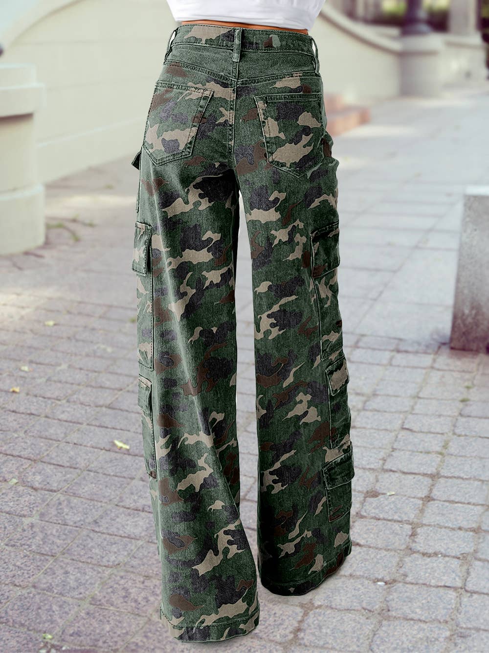 2025 Fall Camo Denim Cargo Wide Leg Pants: Green / 4