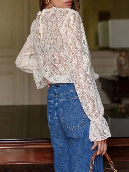 French romance Vintage floral lace ruffle frill blouse: Black / S/M